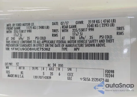 2017 Ford Escape Se из США, поврежденный, VIN 1FMCU9GD8HUE75362